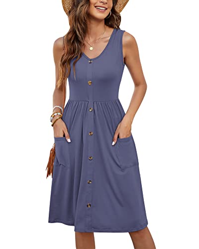 MOLERANI Kleid für Damen, lässig, Sommer, ärmellos, Knopfleiste, Empire-Taille, Midi-Kleider (Lila Grau, M) von MOLERANI