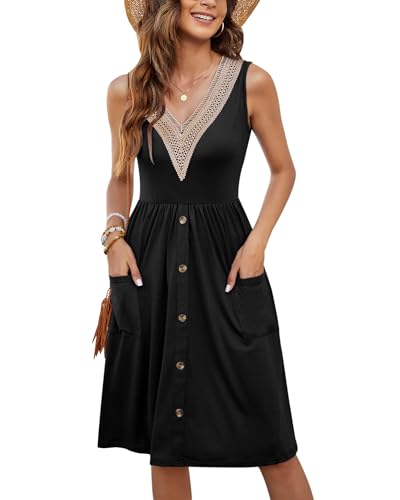 MOLERANI Kleider Damen Sommer Ärmellos Spitze V-Ausschnitt Casual Kleider Botton Down Elastische Taille Swing Kleid mit Tasche Schwarz M von MOLERANI