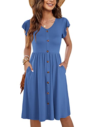 MOLERANI Kleider Damen Sommer Rüschen Ärmel V-Ausschnitt Casual Button-Down Kleider mit Taschen Pure Beja Blau M von MOLERANI