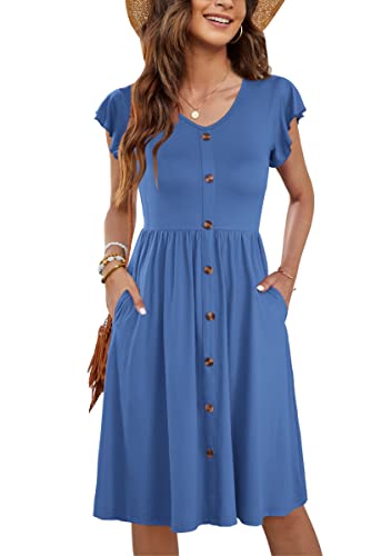 MOLERANI Kleider Damen Sommer Rüschen Ärmel V-Ausschnitt Casual T-Shirt Kleider Taille Midi Kleid mit Taschen Hell Beja Blau L von MOLERANI