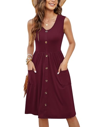 MOLERANI Lässige Kleider für Damen Plissee V-Ausschnitt ärmelloses Button-Down-Sommerkleid (Weinrot, L) von MOLERANI