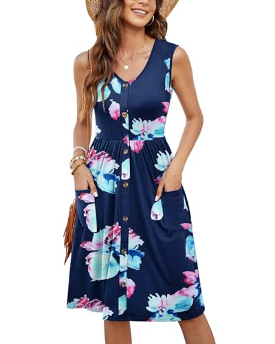 MOLERANI Lässige Kleider für Damen V-Ausschnitt Swing Flowy Sommerkleider mit Tasche(Blumen Marineblau Rosa,2XL) von MOLERANI