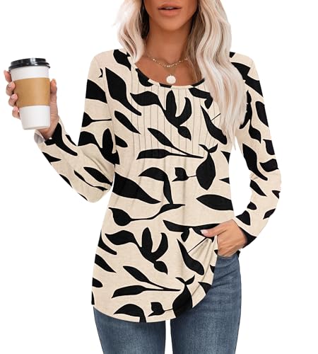 MOLERANI Langarmshirt Damen Elegant Oberteile Rundhals Locker T-Shirt mit Plissee Casual Basic Shirt Bluse Aprikose Schwarzes Blatt XL von MOLERANI