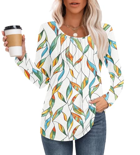 MOLERANI Langarmshirt Damen Elegant Oberteile Rundhals Locker T-Shirt mit Plissee Casual Basic Shirt Bluse Baues Gelbes Blatt L von MOLERANI