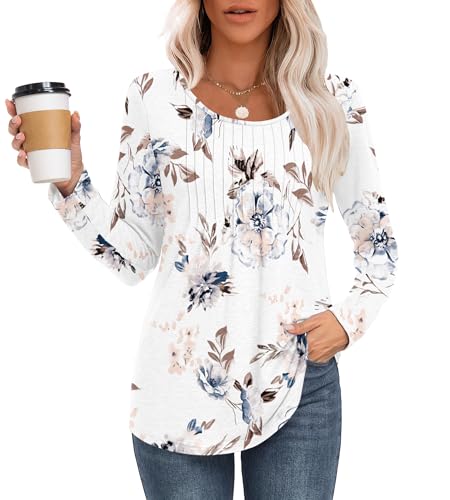 MOLERANI Langarmshirt Damen Elegant Oberteile Rundhals Locker T-Shirt mit Plissee Casual Basic Shirt Bluse Floral Weiß XL von MOLERANI
