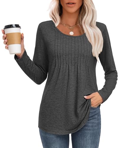 MOLERANI Langarmshirt Damen Elegant Oberteile Rundhals Locker T-Shirt mit Plissee Casual Basic Shirt Bluse Grau M von MOLERANI