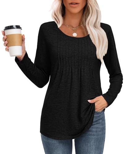 MOLERANI Langarmshirt Damen Elegant Oberteile Rundhals Locker T-Shirt mit Plissee Casual Basic Shirt Bluse Schwarz XL von MOLERANI
