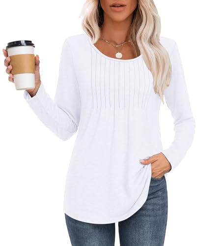 MOLERANI Langarmshirt Damen Elegant Oberteile Rundhals Locker T-Shirt mit Plissee Casual Basic Shirt Bluse Weiß L von MOLERANI