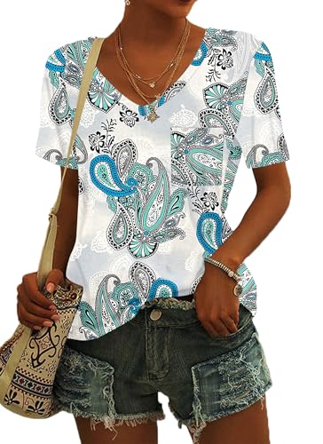 MOLERANI Locker sitzende Tops für Frauen Kurzarm T-Shirts mit V-Ausschnitt Sommer-T-Shirts Boho Blau Grün Weiß S von MOLERANI
