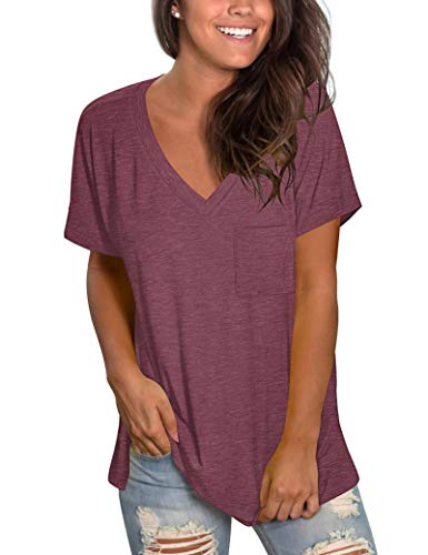 MOLERANI Locker sitzende Tops für Frauen Kurzarm T-Shirts mit V-Ausschnitt Sommer-T-Shirts Weinrot L. von MOLERANI