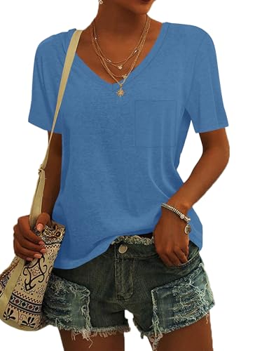 MOLERANI Loose Fitting Tops für Frauen Kurzarm T-Shirts mit V-Ausschnitt Sommer Casual Tees Blue XL von MOLERANI