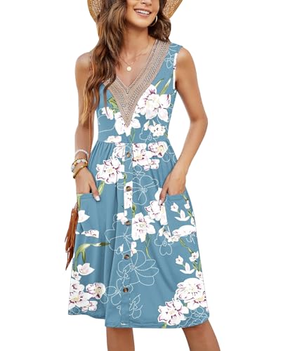 MOLERANI Midikleid Damen Ärmellos Spitze V-Ausschnitt Casual Kleider Botton Down Elastische Taille Swing Kleid mit Tasche Floral Hellblau M von MOLERANI