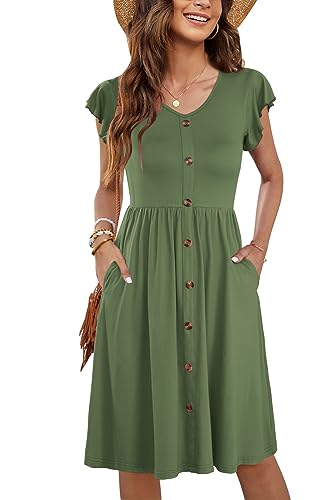 MOLERANI Midikleid Damen V-Ausschnitt Rüschen Ärmel Casual Button-Down Kleider mit Taschen Deep Army Grün L von MOLERANI