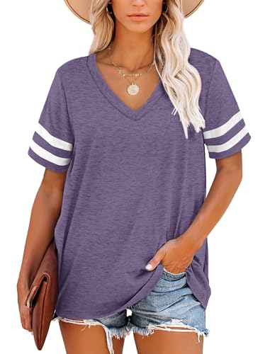 MOLERANI Oberteile Damen Sommers Kurzarm V-Ausschnitt Gestreifte Sommer Tops Casual Lose T-Shirt(Lila,XL) von MOLERANI