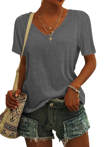 MOLERANI Plain T-Shirts für Frauen Kurzarm-T-Shirts mit V-Ausschnitt und lockerer Passform Grau S. von MOLERANI