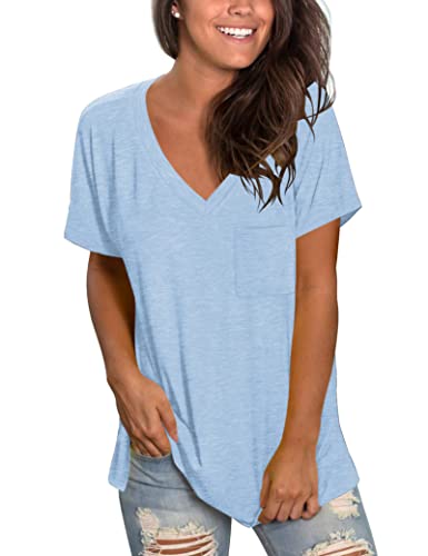 MOLERANI Plain T-Shirts für Frauen Sommer-T-Shirts mit V-Ausschnitt Kurzarm Leichte T-Shirts Himmelblau M. von MOLERANI