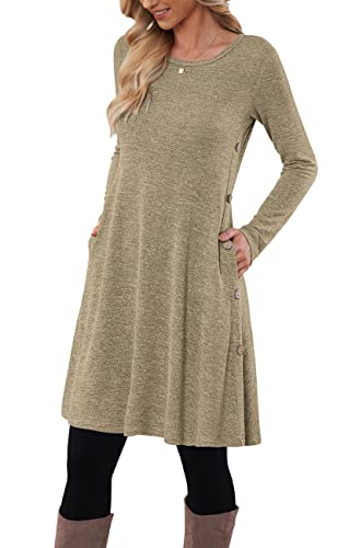 MOLERANI Pulloverkleid für Damen Langarm Kleid Damen Knopf Lässiges Tunikakleid mit Taschen Khaki L von MOLERANI