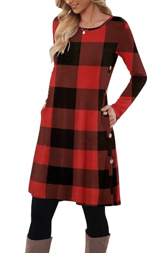MOLERANI Pulloverkleid für Damen Langarm Kleid Damen Knopf Lässiges Tunikakleid mit Taschen Red Lattice S von MOLERANI