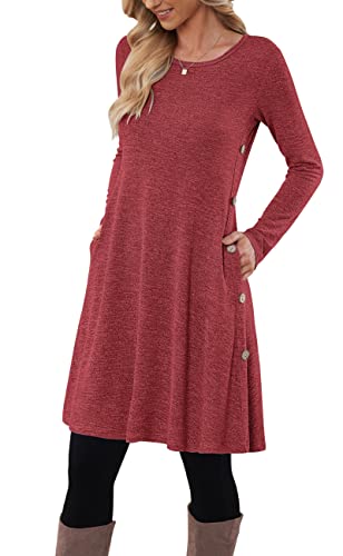 MOLERANI Pulloverkleid für Damen Langarm Kleid Damen Knopf Lässiges Tunikakleid mit Taschen Rot S von MOLERANI