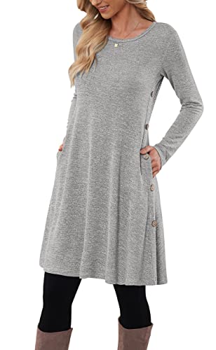 MOLERANI Pulloverkleid für Damen Langarm Kleid Damen Knopf Lässiges Tunikakleid mit Taschen Weiß Grau S von MOLERANI