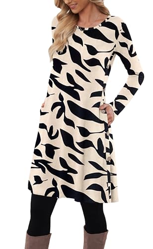 MOLERANI Pulloverkleid für Damen Langarmkleid Damen Knopf Lässiges Tunikakleid mit Taschen (Aprikose Schwarzes Blatt,S) von MOLERANI