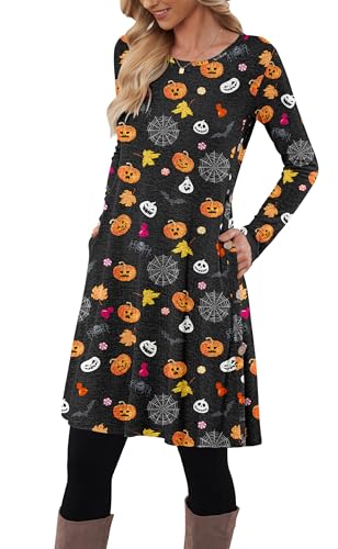 MOLERANI Pulloverkleid für Damen Langarmkleid Damen Knopf Lässiges Tunikakleid mit Taschen (Halloween-Kürbis,XXL) von MOLERANI