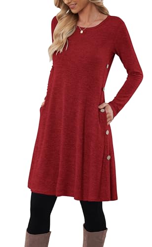 MOLERANI Pulloverkleid für Damen Langarmkleid Damen Knopf Lässiges Tunikakleid mit Taschen (Hellrot,S) von MOLERANI