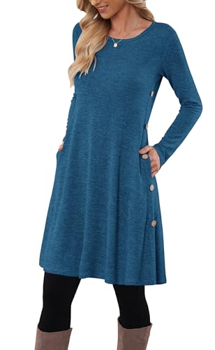 MOLERANI Pulloverkleid für Damen Langarmkleid Damen Knopf Lässiges Tunikakleid mit Taschen (Saphirblau,XL) von MOLERANI