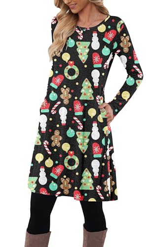 MOLERANI Pulloverkleid für Damen Langarmkleid Damen Knopf Lässiges Tunikakleid mit Taschen (Weihnachtsbaum-Handschuhe,M) von MOLERANI