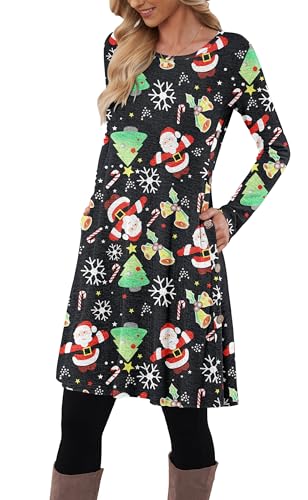 MOLERANI Pulloverkleid für Damen Langarmkleid Damen Knopf Lässiges Tunikakleid mit Taschen (Weihnachtsmann,XXL) von MOLERANI