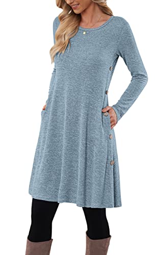 MOLERANI Pulloverkleid für Damen Langarmkleid Damen Knopf Lässiges Tunikakleid mit Taschen Hellblau XL von MOLERANI