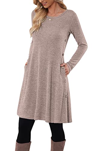 MOLERANI Pulloverkleid für Damen Langarmkleid Damen Knopf Lässiges Tunikakleid mit Taschen Kaffee L von MOLERANI