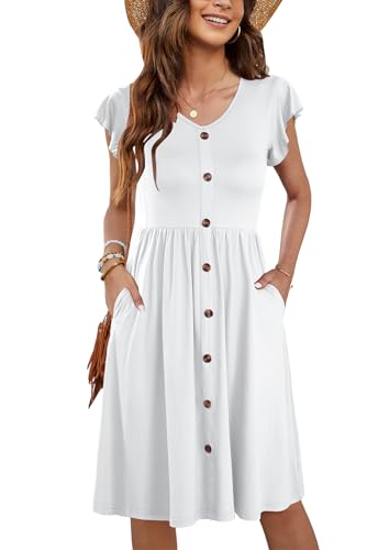 MOLERANI Sommer Casual Kleider Rüschen Ärmel V-Ausschnitt Casual Swing Elastische Taille Midi Kleid mit Taschen Milch Weiß L von MOLERANI