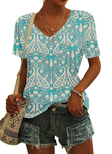 MOLERANI Sommer T-Shirts für Damen V-Ausschnitt Basic Tops Kurzarm Lose Casual Blusen Boho Floral Grün L UK16 von MOLERANI