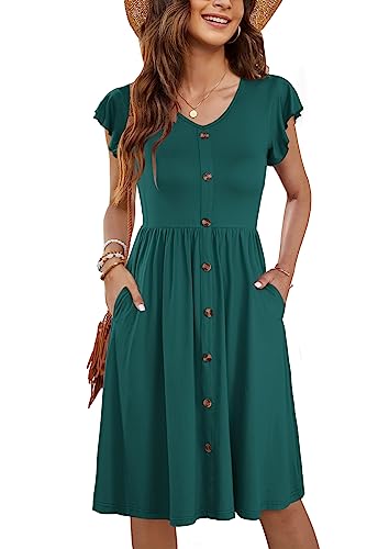 MOLERANI Sommerkleid Damen Dunkelgrün Rüschen Ärmel V-Ausschnitt Button-Down Midi Kleid mit Taschen Plain Dunkelgrün L von MOLERANI