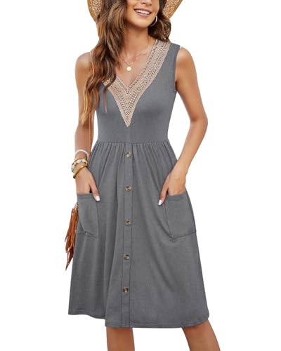 MOLERANI Sommerkleid Damen Grau Ärmellos Spitze V-Ausschnitt Casual Kleider Botton Down Elastische Taille Swing Kleid mit Tasche Grau M von MOLERANI