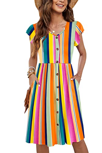 MOLERANI Sommerkleid Damen Knielang Rüschen Ärmel V-Ausschnitt Casual Swing Elastische Taille Midi Kleid mit Taschen Extra Regenbogen Streifen M von MOLERANI