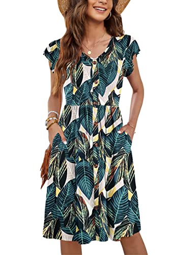 MOLERANI Sommerkleid Damen Knielang Rüschen Ärmel V-Ausschnitt Casual Swing Elastische Taille Midi Kleid mit Taschen Plain Leaf Print L von MOLERANI