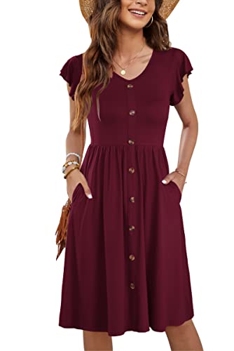 MOLERANI Sommerkleid Damen Knielang Rüschen Ärmel V-Ausschnitt Casual Swing Elastische Taille Midi Kleid mit Taschen Plain Weinrot M von MOLERANI