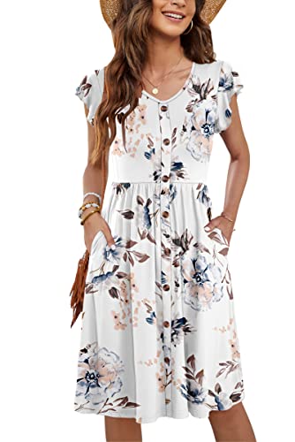 MOLERANI Sommerkleid Damen Lang Rüschen Ärmel V-Ausschnitt Casual Swing Elastische Taille Midi Kleid mit Taschen Floral Weiß L von MOLERANI