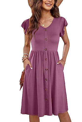MOLERANI Sommerkleid Damen Midi Rüschen Ärmel V-Ausschnitt Casual Swing Elastische Taille Midi Kleid mit Taschen tiefen Violett M von MOLERANI