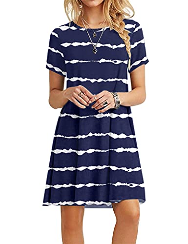 MOLERANI Sommerkleider Damen Casual T-Shirt Kurzarm Strandkleid Loose Swing Damen Kleid (L, Marineblau gewellt gestreift) von MOLERANI