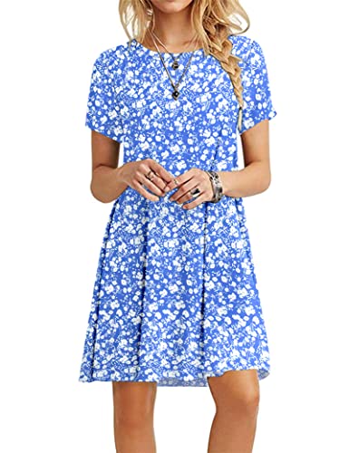 MOLERANI Sommerkleider für Damen Casual T-Shirt Kurzarm Strandkleid Loose Swing Damen Kleid (S, Blaue, weiße Blume) von MOLERANI