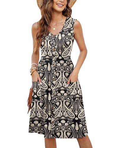 MOLERANI Sommerkleider für Damen Lässiger Sommer V Nekc Ärmelloses Swing-Kleid mit Knöpfen Midi-Länge (Paisley Blumen Schwarz, M) von MOLERANI