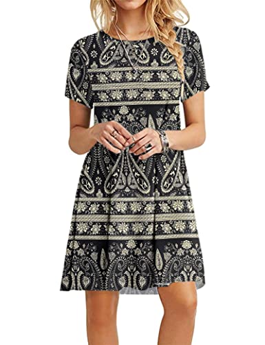 MOLERANI Sommerkleider für Damen Lässiges T-Shirt Kleid Kurzarm Damen Strandkleid (L, Boho Blumenschwarz) von MOLERANI