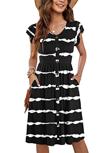 MOLERANI Sommerkleider für Damen Rüschen Ärmel V-Ausschnitt Casual Swing Elastische Taille Midi Kleid mit Taschen Pure Black Welly Stripe S von MOLERANI