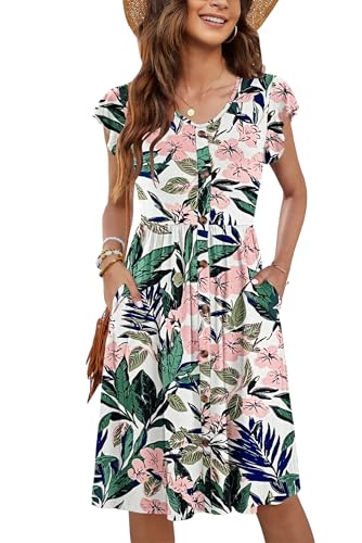 MOLERANI Sommerkleider für Damen Rüschen Ärmel V-Ausschnitt Casual Swing Elastische Taille Midi Kleid mit Taschen Weiß-rosa Blumen XL von MOLERANI