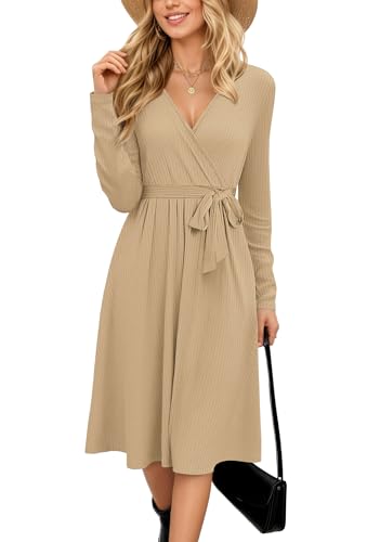 MOLERANI Strickkleid Damen Herbstkleid Langarm V-Ausschnitt Winterkleid Damen A-Linie Freizeitkleid mit Taschen Braun L von MOLERANI
