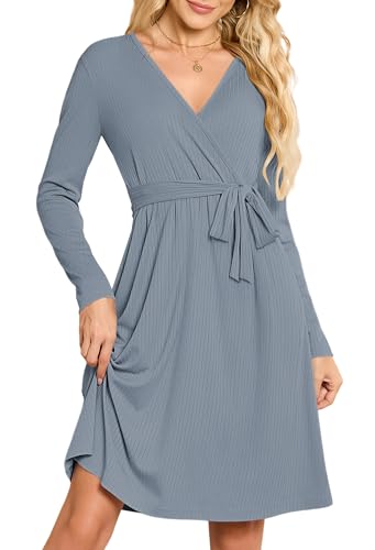 MOLERANI Strickkleid Damen Herbstkleid Langarm V-Ausschnitt Winterkleid Damen A-Linie Freizeitkleid mit Taschen Graublau 2XL MOLERANI Strickkleid Damen Herbstkleid Langarm V-Ausschnitt Winterkleid Damen A-Linie Freizeitkleid mit Taschen Graublau 2XL von MOLERANI