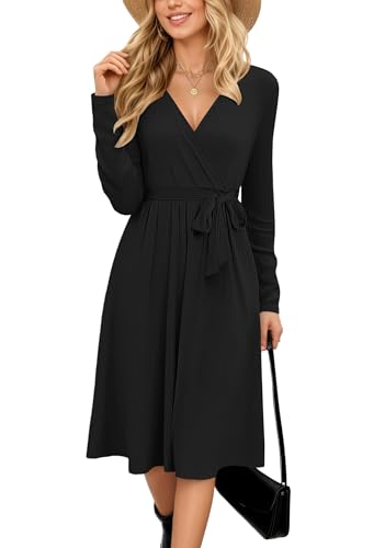 MOLERANI Strickkleid Damen Herbstkleid Langarm V-Ausschnitt Winterkleid Damen A-Linie Freizeitkleid mit Taschen Schwarz XL von MOLERANI